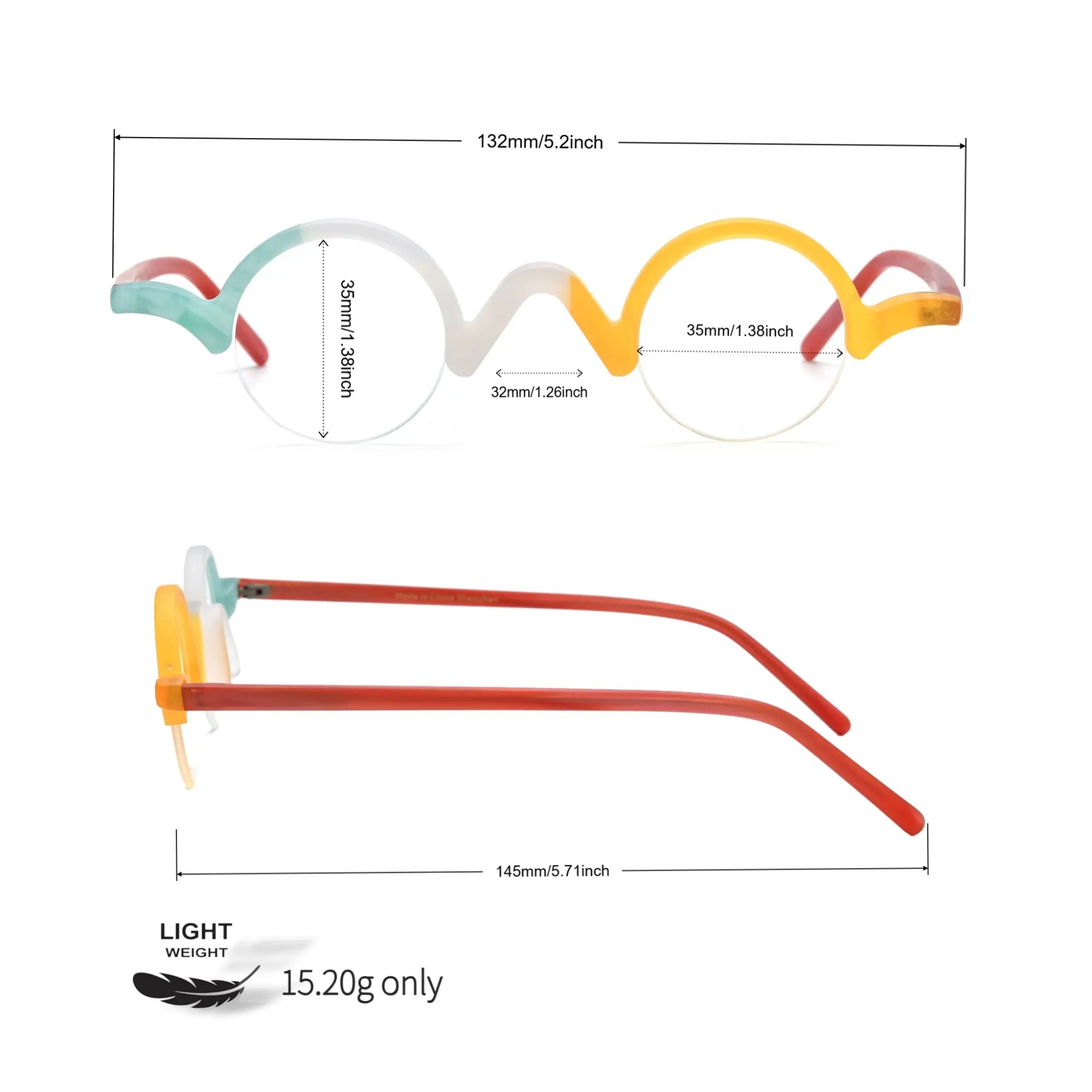 Size guide for VoyueLens™ Ivory-Orange semi-rimless browline eyeglasses showing frame dimensions and measurements.